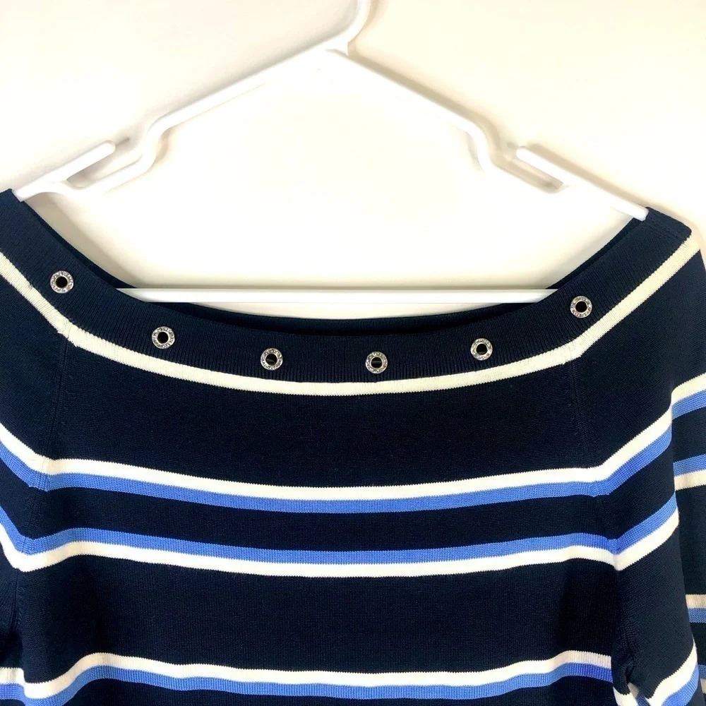 Carlisle black white blue stripe scoop neck embellished 3/4 sleeve sweater M